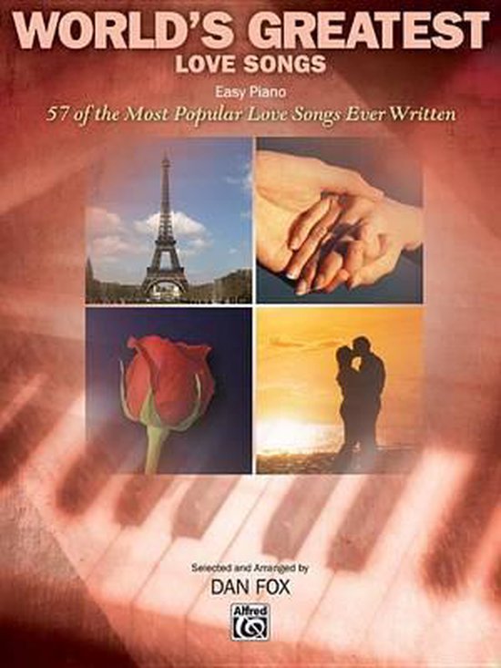 Livre 'World's Greatest Love Songs - Easy Piano' avec des images de la Tour Eiffel, des mains, une rose et un couple sur la plage.