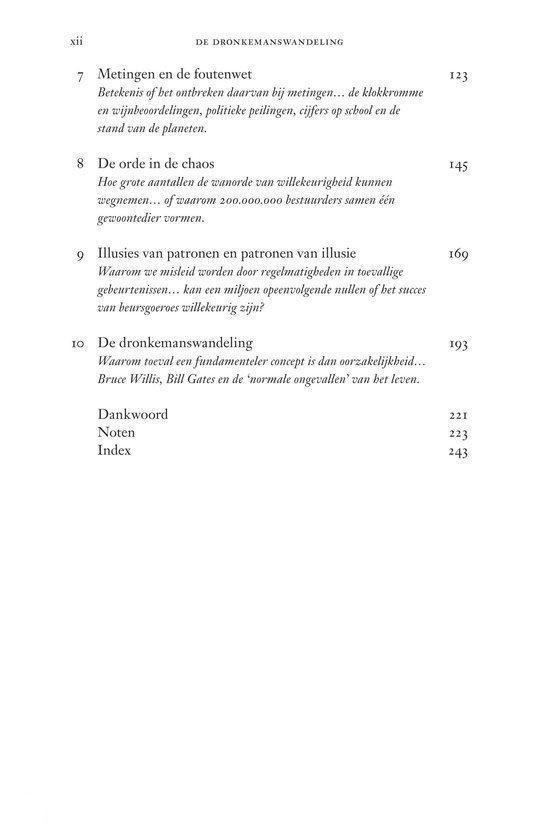 Titelpagina van De dronkemanswandeling met hoofdstuktitels en paginanummers.