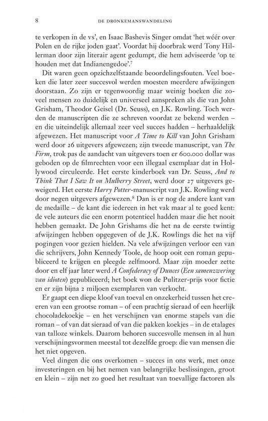 Boekpagina met tekst over toeval en auteurs als John Grisham en J.K. Rowling.