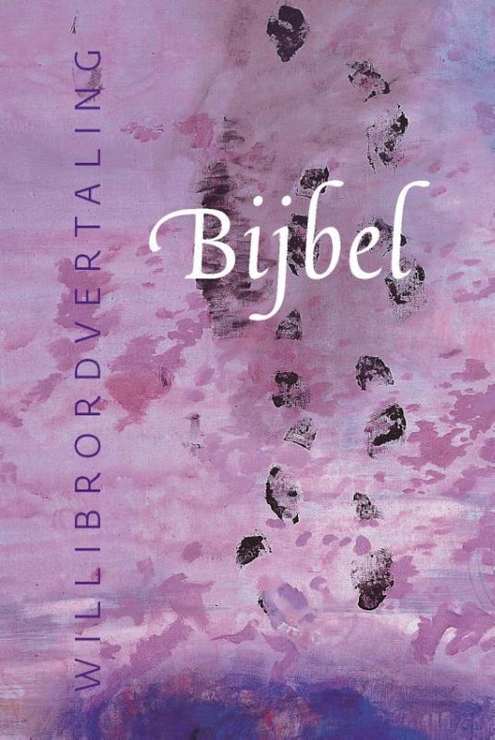Couverture de livre avec le texte 'Bijbel' et 'Willibrordvertaling' sur fond violet et rose avec des empreintes de pas.