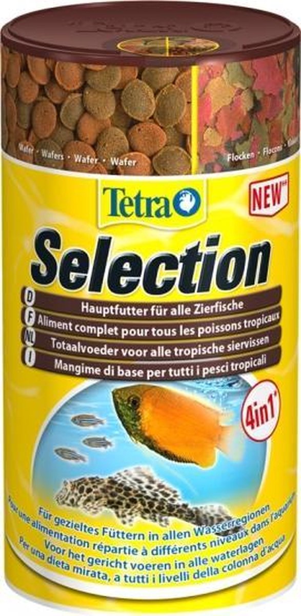 Tetra selection 4 in 1 voer : vlokken - korrels- zinkende wafers - crisps 250ml
