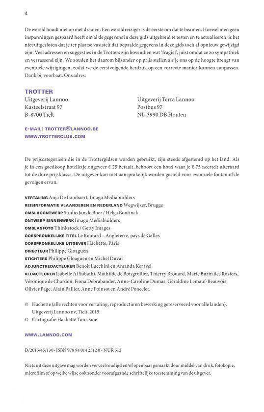 Pagina 4 van de Trotter gids met uitgeverinformatie, website en contactgegevens.