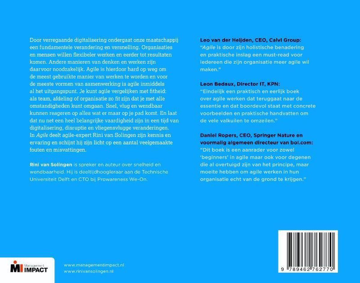 Achterkant van het boek Agile met Nederlandse tekst, citaten van Leo van der Heijden, Leon Bedaux en Daniel Ropers. Linksonder het logo van Management IMPACT en websitegegevens. Rechtsonder een barcode.