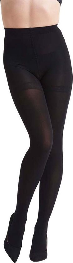 Zwarte 90 denier corrigerende panty met hoge tailleband op een model.