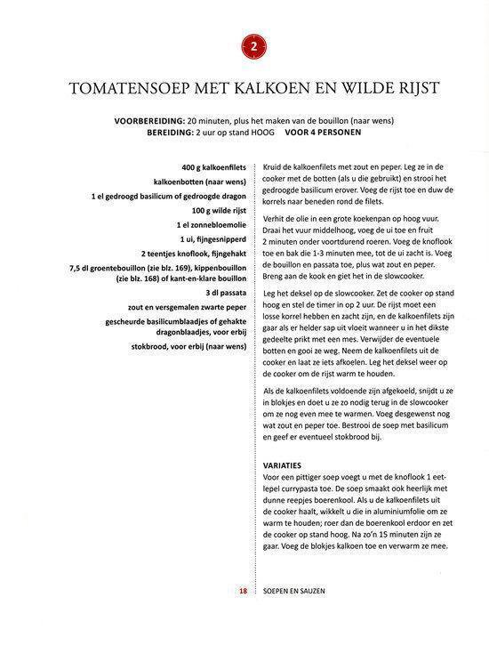 Receptpagina voor tomatensoep met kalkoen en wilde rijst, met ingrediënten en bereidingsinstructies.