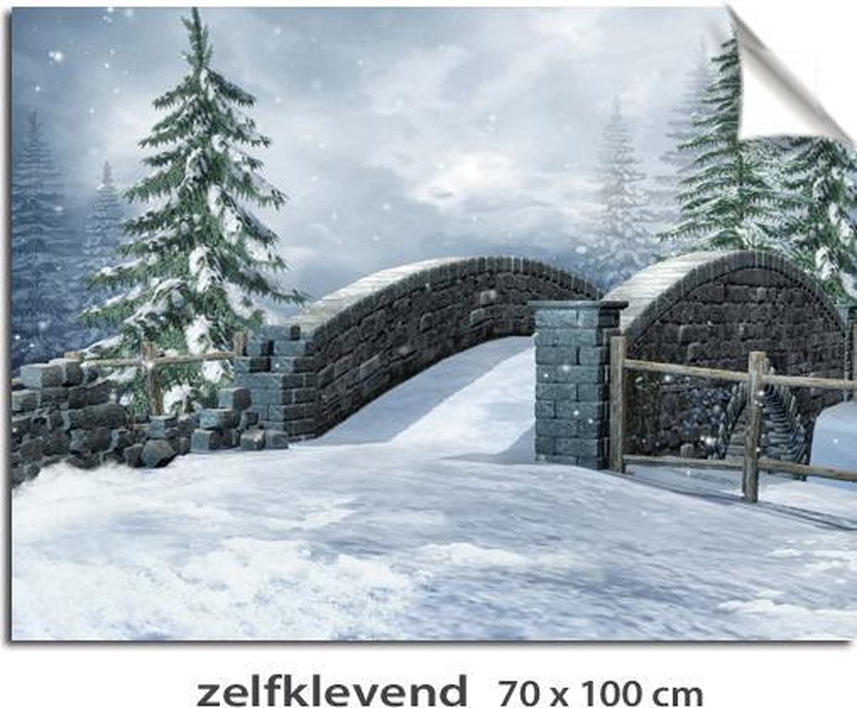 Kerstdorp achtergrond-70x100 cm - Sticker - winterlandschap brug