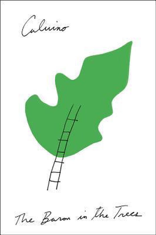 Boek 'The Baron in the Trees' van Calvino met een groene bladvorm en een ladder.