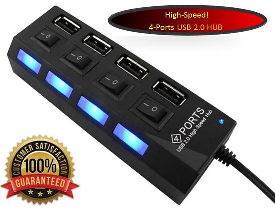 MMOBIEL High Speed 4 Ports 2.0 USB hub Multi oplaadadapter met aan/uit knop en led verlichting.