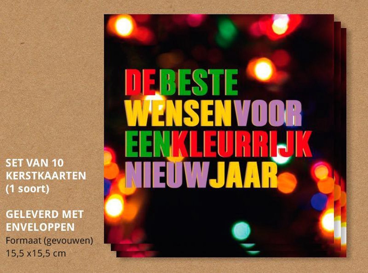 Luxe nieuwjaarskaarten, Kleurrijke lichtjes met goud - 10 stuks
