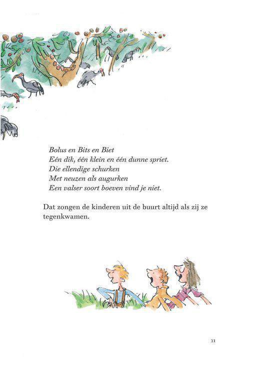 Drie kinderen zitten in het gras, met een illustratie van vogels bovenaan. Tekst: "Bolus en Bits en Biet".