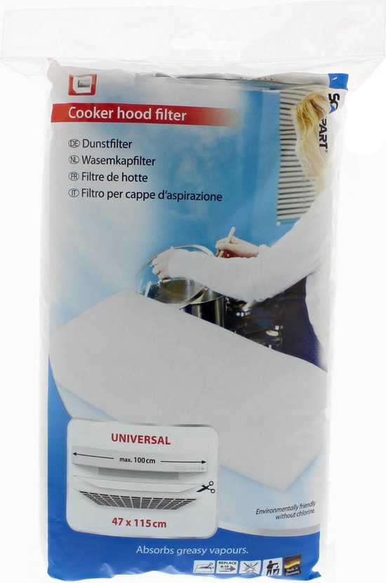 Emballage de filtre universel et découpable pour hotte aspirante de 47 x 115 cm. Absorbe les vapeurs, sans chlore.