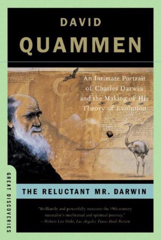 Boekhoes met een schilderij van Charles Darwin, een struisvogel en een vliegende vogel. Titel: The Reluctant Mr. Darwin.