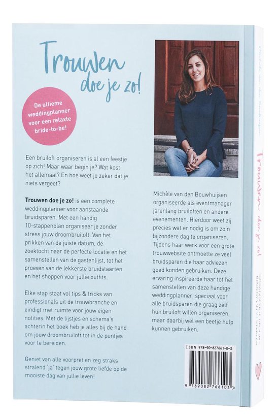 De achterkant van het boek 'Trouwen doe je zo!' met een foto van de auteur.