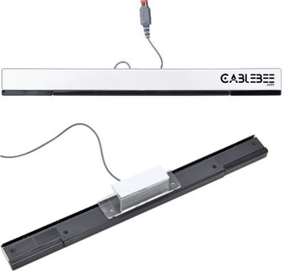 Zilverkleurige en zwart-witte sensorbalk met logo "CABLEBEE.COM" en verbindingskabel.