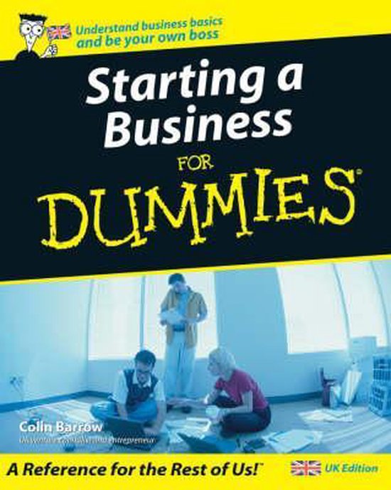 Boek 'Starting a Business For Dummies' met illustratie van drie personen die studeren. Begrijp de basisprincipes van het bedrijfsleven en word je eigen baas.