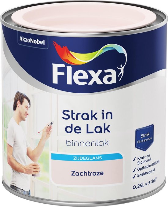 Flexa Strak in de Lak binnenlak zijdeglans, kleur zachtroze. Blik met afbeelding van man die schildert.