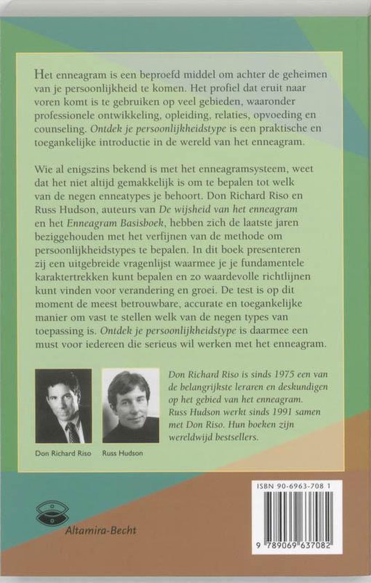 Boekomslag met tekst over het enneagram. Foto's van Don Richard Riso en Russ Hudson.