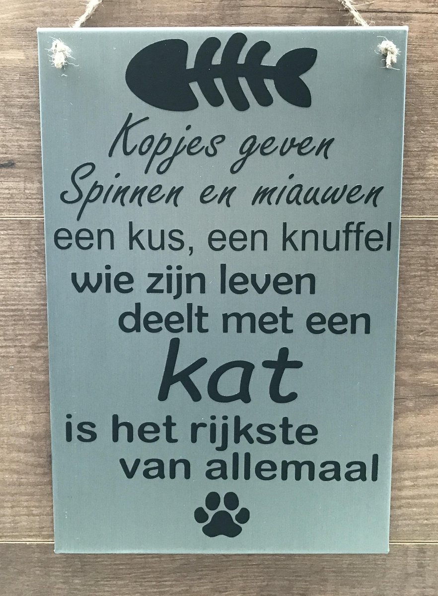 Zinken tekstbord kopjes geven kat licht grijs 20x30 cm. - poes