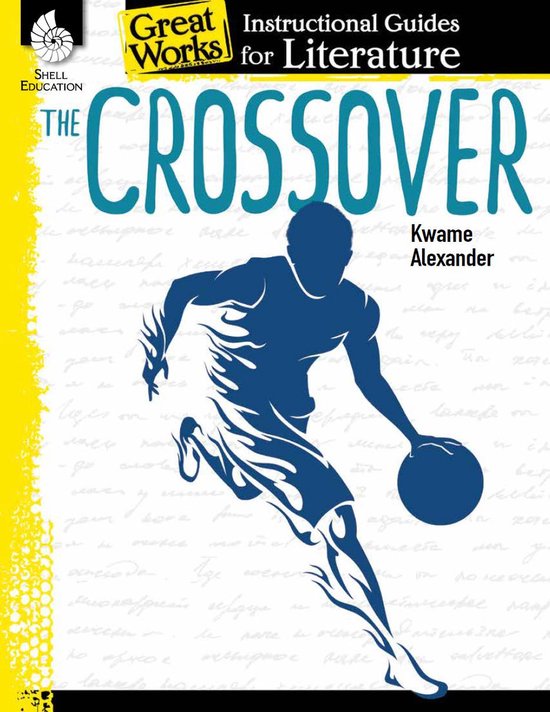 Couverture du livre 'The Crossover' avec une silhouette de joueur de basket-ball en bleu sur fond jaune avec du texte.