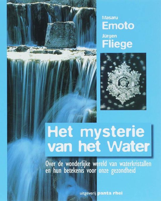 Boekomslag met waterval, waterkristal en tekst 'Het mysterie van het Water'.
