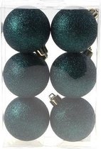6x Petrol kunststof/plastic kerstballen 6 cm - Glitters - Onbreekbare kerstballen - Kerstboomversiering petrol