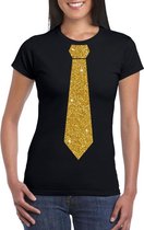 Zwart fun t-shirt met stropdas in glitter goud dames 2XL