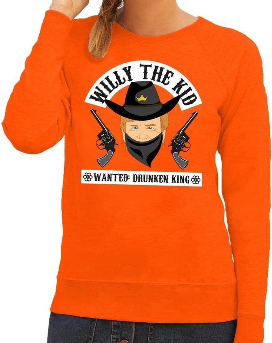 Afbeelding van product Bellatio Decorations  Oranje tekst sweater Willy the Kid cowboy voor dames - Koningsdag kleding M  - maat M