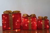 3 decoratieve kerstcadeaus - Rood met gouden strik - 35 witte led lampjes - Kerstboom