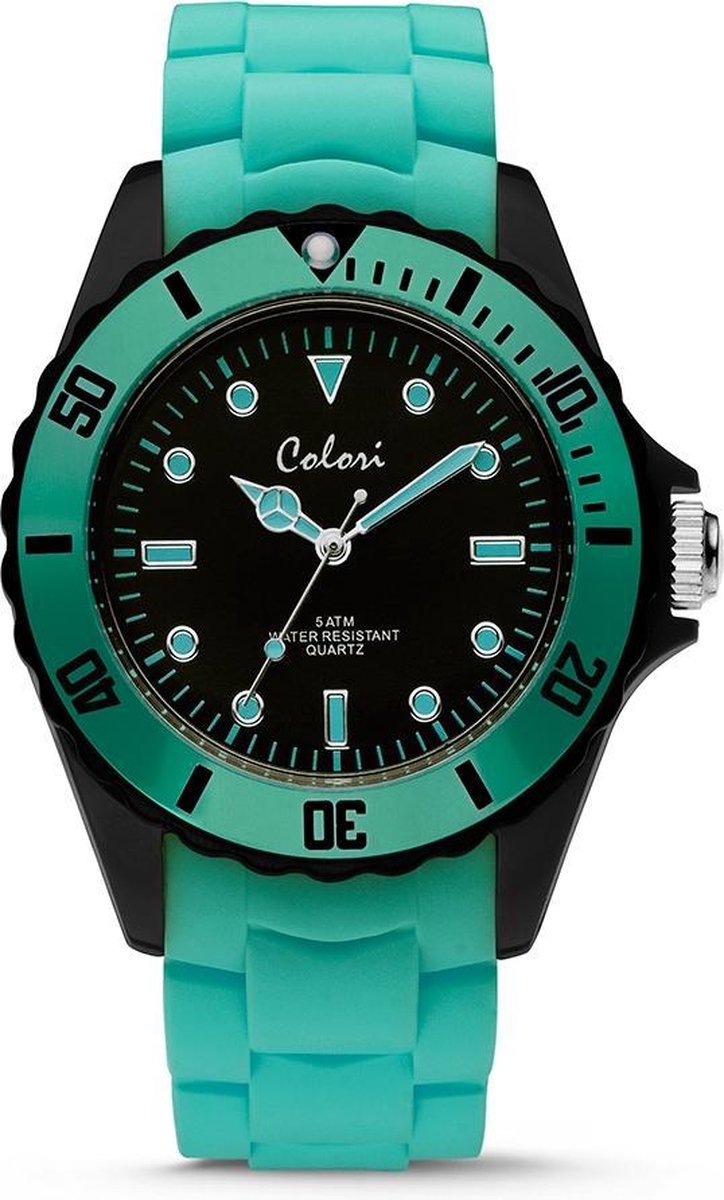 Colori Colour Combo 5 COL296 Horloge - Siliconen Band - Ø 44 mm - Mint Groen - Zwart