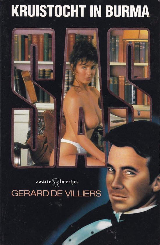 Boekcover met tekst "KRUISTOCHT IN BURMA" en "SAS". Een vrouw met donker haar zit op een stoel in een kamer met boeken. Een man kijkt naar de kijker.