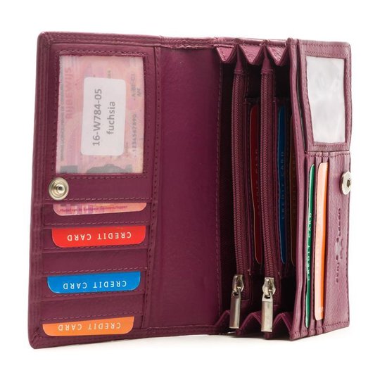 Paarse portemonnee, geopend. Toont identiteitsbewijs, creditcards, vakken en een rits.