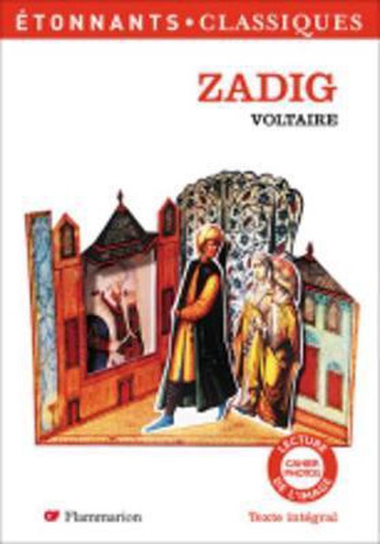 Couverture de livre avec Zadig et Voltaire, illustrant architecture et personnages en tenue traditionnelle.
