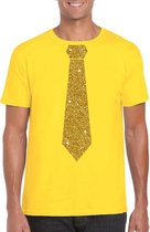 Geel fun t-shirt met stropdas in glitter goud heren L