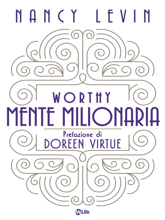 Boek "Worthy - Mente Milionaria" met een sierlijk, art deco-achtig ontwerp in paars en grijs. Titel en auteursnaam "NANCY LEVIN" duidelijk zichtbaar.