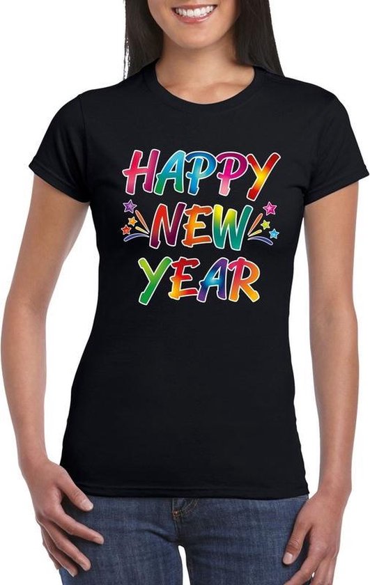 Happy new year t-shirt voor oud en nieuw voor dames - zwart -  Nieuwjaarsborrel kleding XL | bol