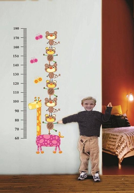 Vrolijke Premium Prachtige Muursticker Giraffe met Beer Lengtemaat Dieren - Muursticker Giraffe met Beer Lengtemaat met Dieren voor Kinderkamer-Woonkamer V2