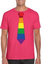 Roze t-shirt met regenboog vlag stropdas heren S