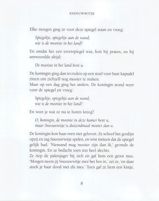 Een pagina met tekst uit het verhaal van Sneeuwwitje.
