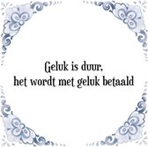 Tegeltje met Spreuk (Tegeltjeswijsheid): Geluk is duur, het wordt met geluk betaald + Kado verpakking & Plakhanger