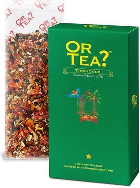 Thé fruité biologique premium Or Tea? TropiCoco en vert avec une illustration de cage.