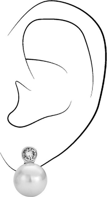 Schematische weergave van een oor met een clip-oorbel met een witte parel en een helder kristal.