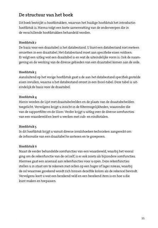 Pagina 11 van het boek 'Excel: Draaitabellen' met de tekst van Hoofdstuk 1 t/m 6.