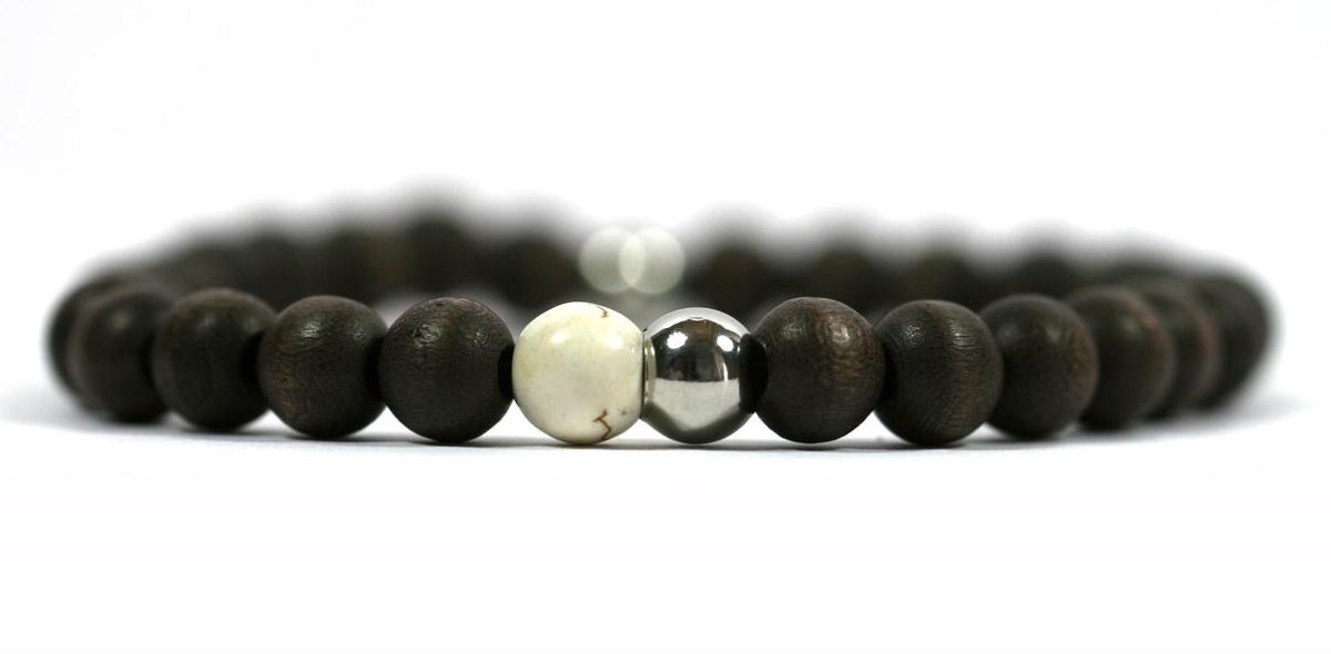 IbizaMen - heren armband - bruin hout 8mm - wit howliet kraal - rvs kraal - 21cm