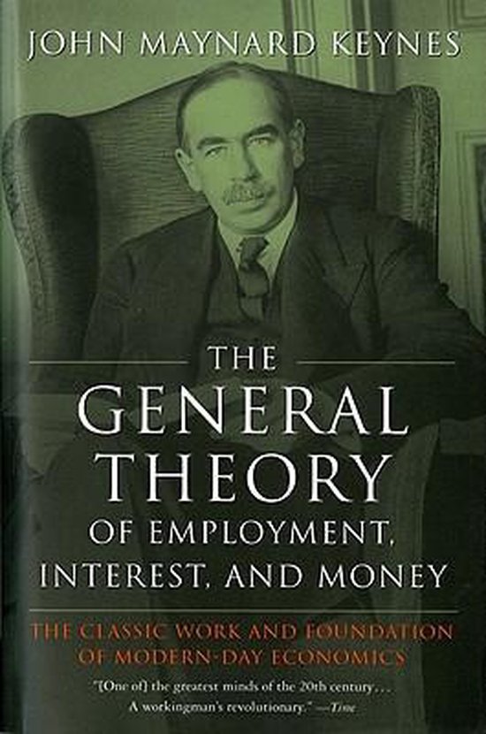 La couverture de 'The General Theory of Employment, Interest, and Money' de John Maynard Keynes, avec son portrait.