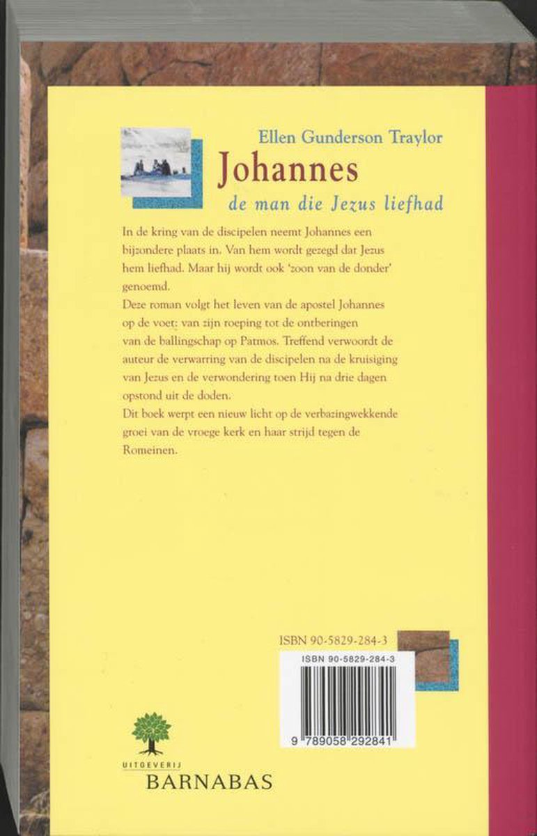 Achterkant van het boek "Johannes de man die Jezus liefhad" met een samenvatting, ISBN en uitgeverij Barnabas.