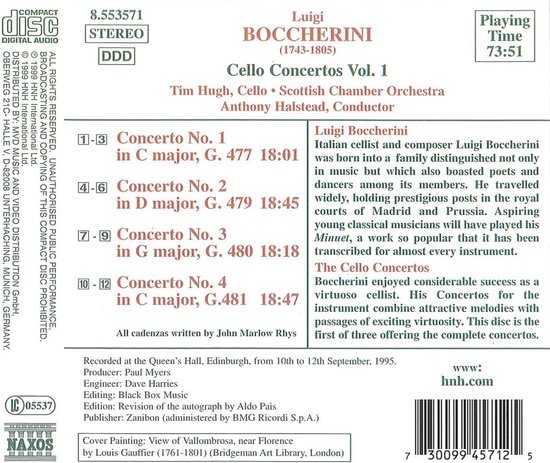 CD hoes met tekst over Luigi Boccherini en zijn Cello Concertos Vol. 1, met Tim Hugh, Cello, Scottish Chamber Orchestra en Anthony Halstead, Conductor. Met een schilderij van Vallembrosa.