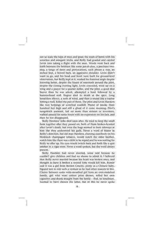 Pagina met tekst, beginnend met 'out to scare the tops of trees and graze the roofs of barns with his senseless and arrogant tricks, and Reilly had goaded and cajoled Levin into taking a flight with the man.'