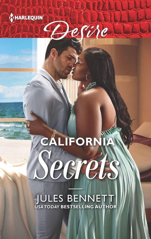 Een stel kust, de man draagt een lichtgrijs pak, de vrouw een mintgroene jurk. Titel: CALIFORNIA Secrets.