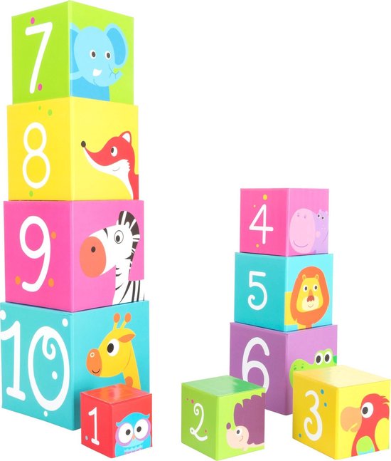 Deux piles de blocs colorés avec des chiffres et des animaux : éléphant, renard, zèbre, girafe, hibou, lion, hippopotame, crocodile.