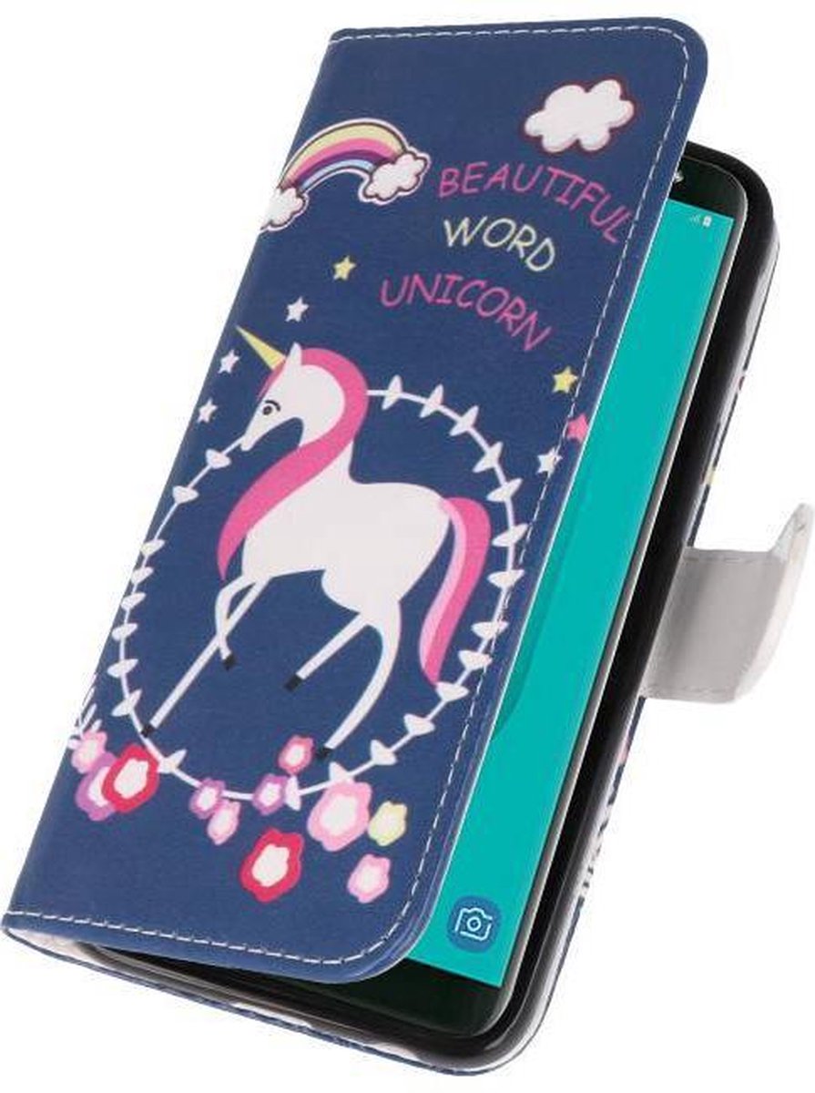 Blauw Unicorn Bookstyle Hoesje Geschikt voor Samsung Galaxy J8